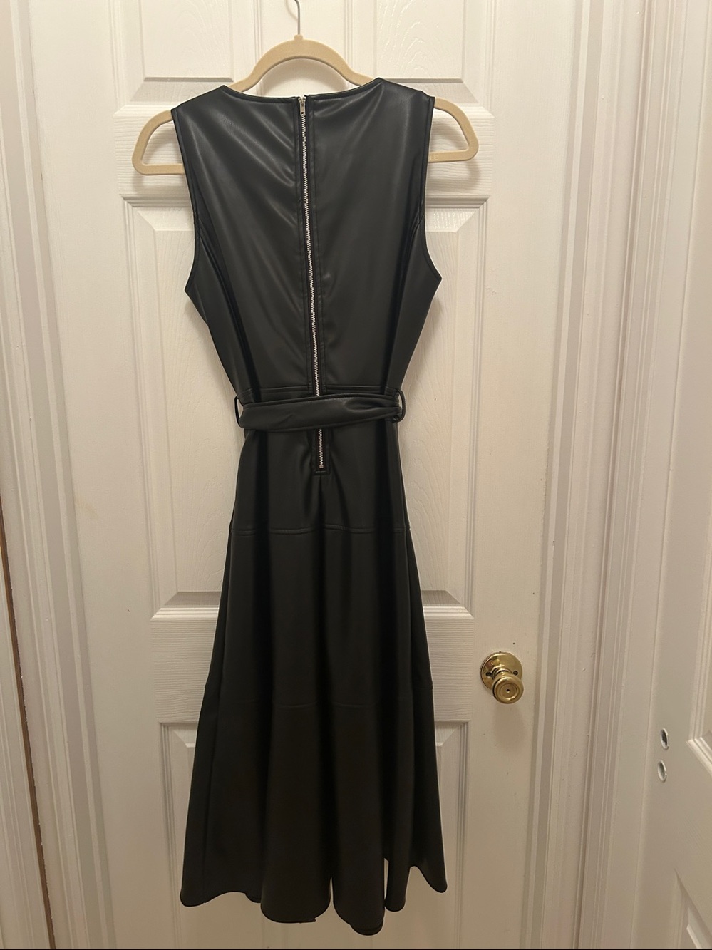 Black Faux Leather Sleeveless Midi Dress with Waist Tie - Picture 5 of 8